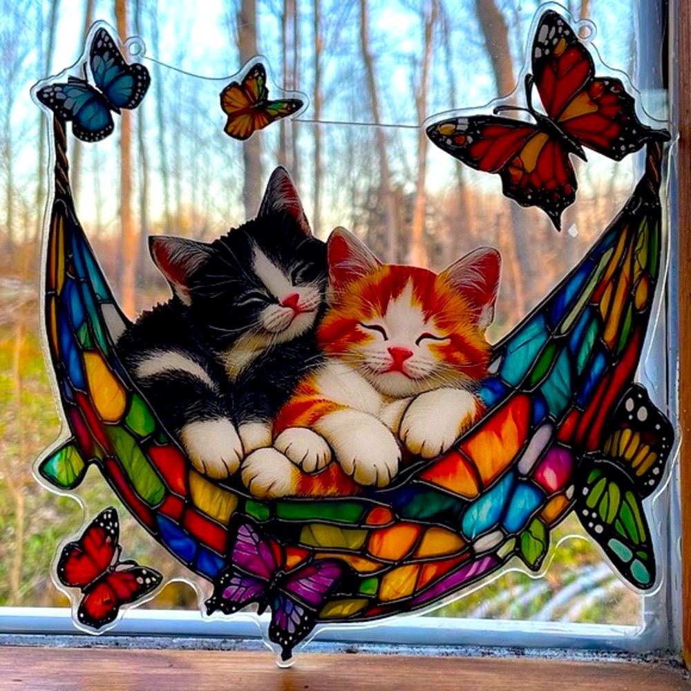 Acrylic Suncatcher Kittens in Hammock Colourful Faux Stained Glass 7.5”